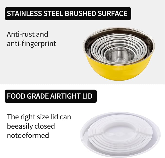 Yellow Mixing Bowls with Lids Set of 7, Stainless Steel Nesting Bowl with Khaki Lid for Non-slip Mixing Prepping Storing Serving, 7 Sizes-7/3.6/2.7/2.1/1.5/1/0.8 QT