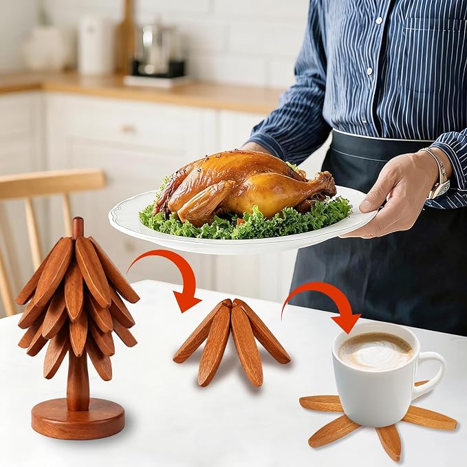 Wooden Tree Trivet Set - 4 Pcs Natural Wood Coasters Trivets for Hot Dishes, Christmas Tree Trivet for Hot Pots Pans, Artisanal Wooden Kitchen Accessories | Housewarming/Kitchen Gift
