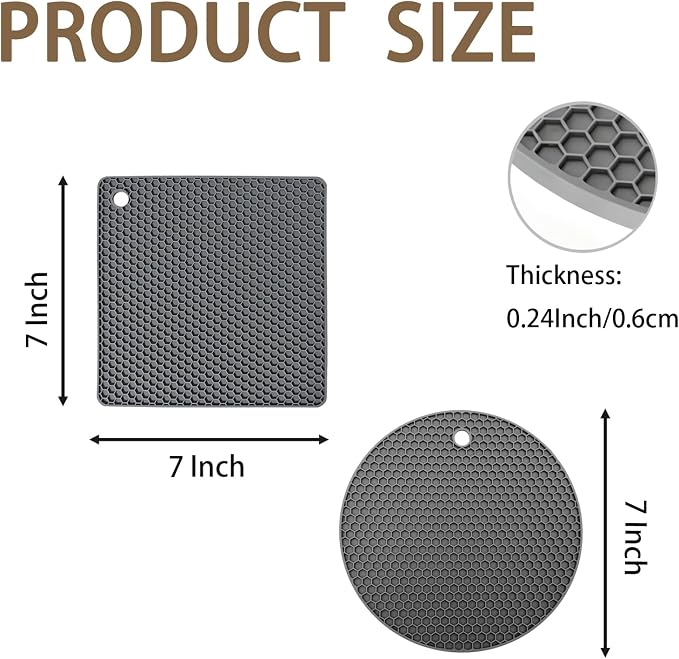 6-Pack Silicone Trivet Mats, Heat Resistant Hot Pads, Dishwasher Safe Kitchen Mats, BPA-Free Pot Holders for Table, Countertop, Stove, Honeycomb Design (Dark Grey, 7” Square/Round)