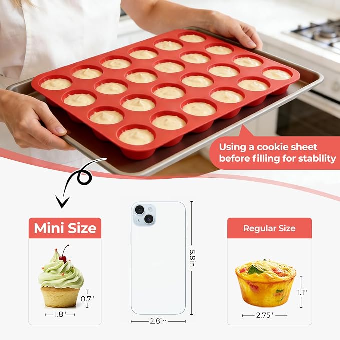 CAKETIME Silicone Muffin Pan Mini 24 Cups, 1 Pack Cupcake Pan, BPA Free | Nonstick, Food Grade Silicone Mold Baking Pan, Dishwasher Safe