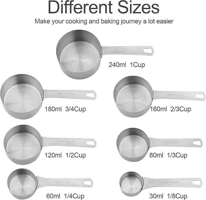Measuring Cups Set of 7, 18/8 Stainless Steel Measuring Cups with 1/8, 1/4, 1/3, 1/2, 2/3, 3/4 & 1 Cup for Kitchen & Baking, Dry and Liquil Metal Metric Measure Cups Set
