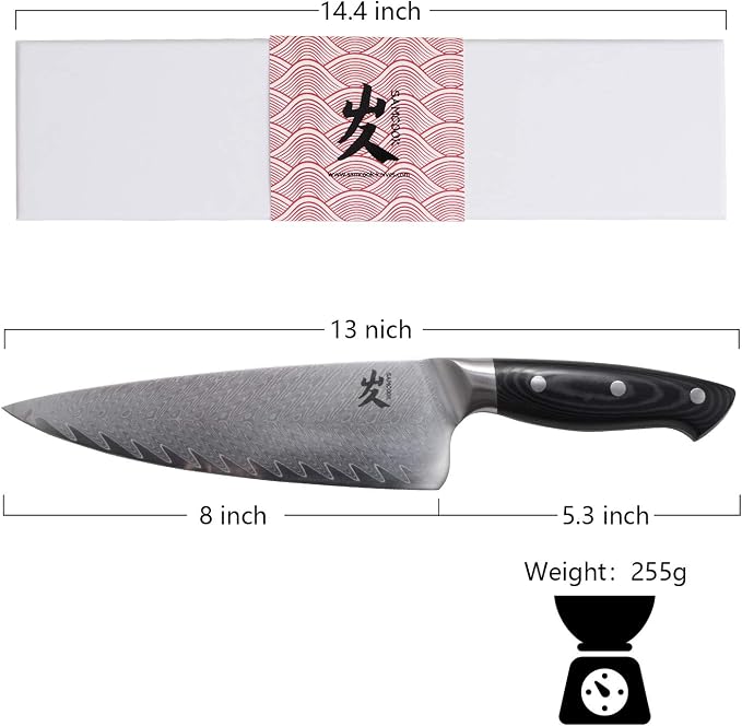 SAMCOOK Damascus Chef Knife - 8 Inch Professional Sharp Kitchen Knife,VG-10 High Carbon Stainless Steel Gyuto Cooking knife - Ergonomic Micarta Wood Handle with Gift Box