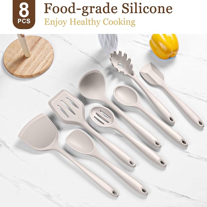 LIANYU Non-Toxic Silicone Kitchen Utensils Set, 8 Piece Non-Scratch Cooking Spoons & Spatulas, Stainless Steel Core, Heat Resistant & Dishwasher Safe, Khaki