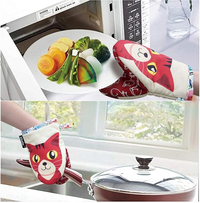 Alselo Mini Oven Mitts,2pk - Silicone Little Kitchen Gloves, Heat Resistant with Non-Slip Grip and Soft Quilted Cotton Lining for Safe Backing Cooking Barbecue (Red, 2)