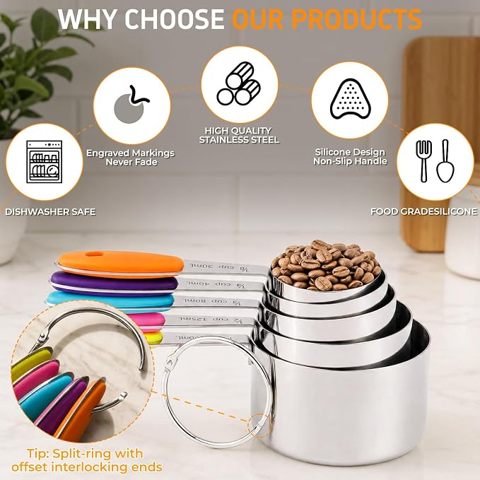 Measuring Cups and Spoons Set of 10 Pieces | Stainless Steel Nesting Measuring Cups Set with Colorful Silicone Handles, Kitchen Utensils for Cooking Baking
