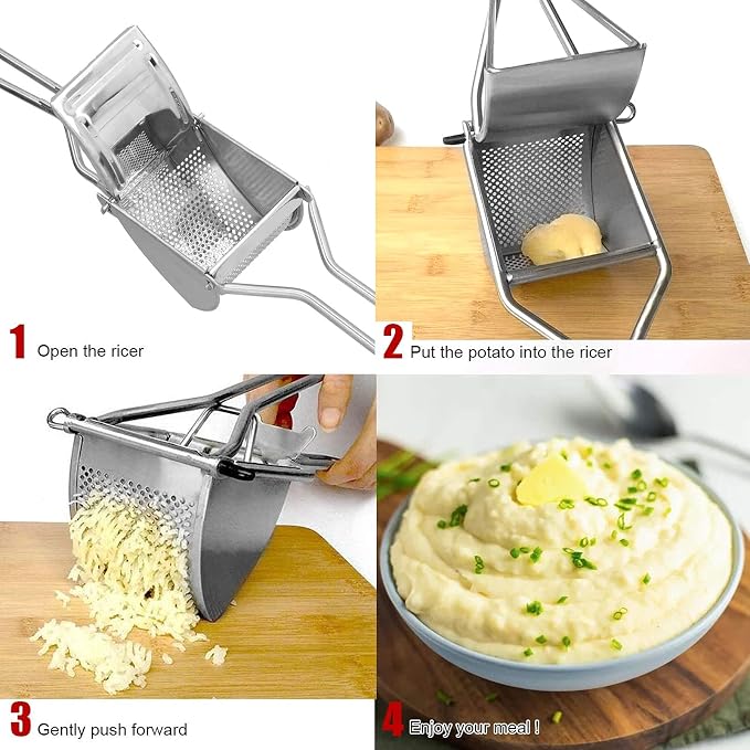 Potato Ricer, Stainless Steel Potato Masher with Long Handle, Long Service Life, Food Strainer Press Strainer for Baby Food, Fruit, Orange, Lemon, Vegetables, Potatoes Creamy