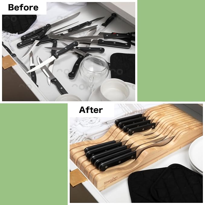 X-Large In-Drawer Bamboo Knife Block: 15 Slot (Holds 12-15 Knives) Empty Wooden Knife Holder for Kitchen Drawers - Cutlery Tray Organizer & Storage