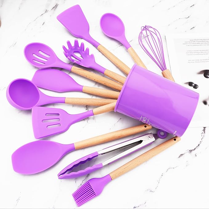 Purple Large Silicone Cooking Utensils, 12pcs Heat Resistant Kitchen Utensils with Rounded Wood Handle for Cooking Baking, Silicone Kitchen Gadgets Tools Spatula Set