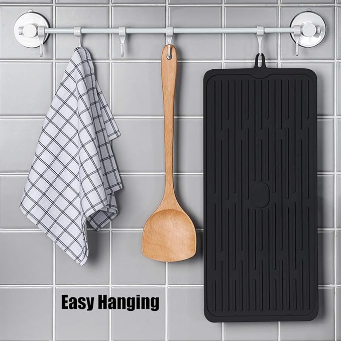 Silicone Dish Drying Mat 18”x8”, Heat Resistant Trivets for Kitchen Counter, Draining Mat, Sink Mat, Hot Pads for Multiple Usage (Black)