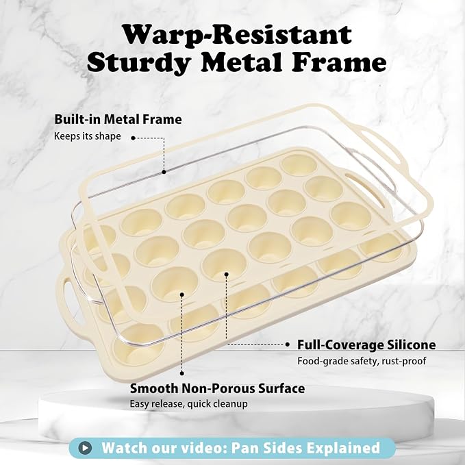 Silicone Mini Muffin Pan with Frame: Nonstick 24 Muffin Tins for Easy Release Baking Egg Bites & Small Cups English mcmuffin - 2-Pack BPA Free Cupcake Pan Oven Safe Molds for Family and Home Bakers