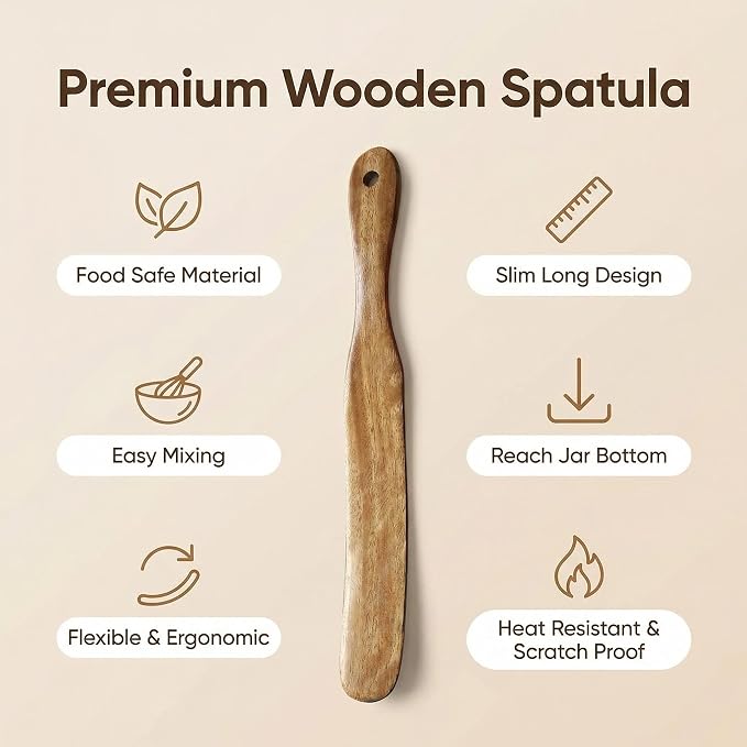AOOSY Skinny Spurtle,11" Acacia Wood Spatula for Sourdough, Mixing | Long Handle Wooden Spatula for Sourdough Starter,Reaching Bottom of Jars, Spurtles Kitchen Tools for NonStick Cookware