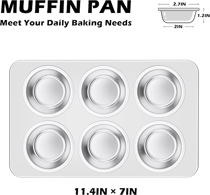 Leonyo Non-Toxic Stainless Steel Muffin Pan Metal Cupcake Pan 6 Cup | Standard Size Metal Muffin Tin Tray for Baking Cupcake Quiches, Dishwasher Oven Safe
