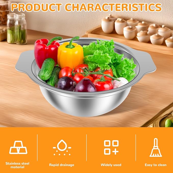 Stainless Steel Colander Microporous Strainers and Colanders with Mixing Bowl Sturdy Rice Strainer Multifunctional Colander Set for Washing and Draining Fruits Vegetables Cooked Pasta (2Pack)