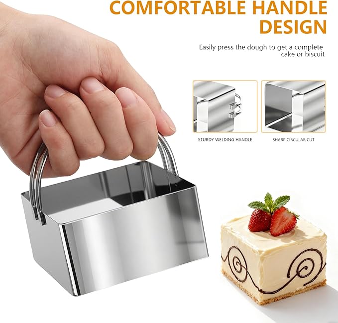 4 Pieces Square Cookie Cutters - 2inch, 2.25inch, 2.75inch, 3.15inch Stainless Steel Biscuit Cutter with Handle and Big Ring, Professional Baking Dough Cutter Tools for Cakes, Sandwiches