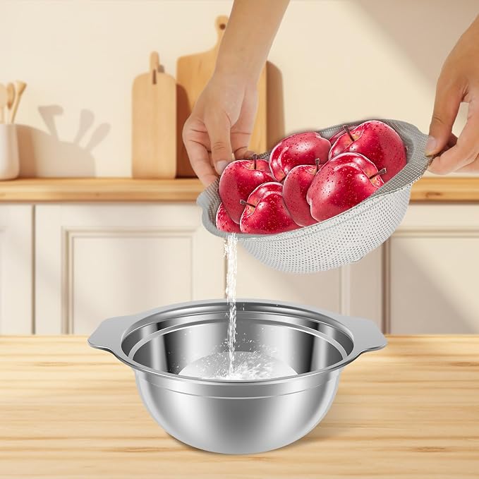 Stainless Steel Colander Microporous Strainers and Colanders with Mixing Bowl Sturdy Rice Strainer Multifunctional Colander Set for Washing and Draining Fruits Vegetables Cooked Pasta (2Pack)