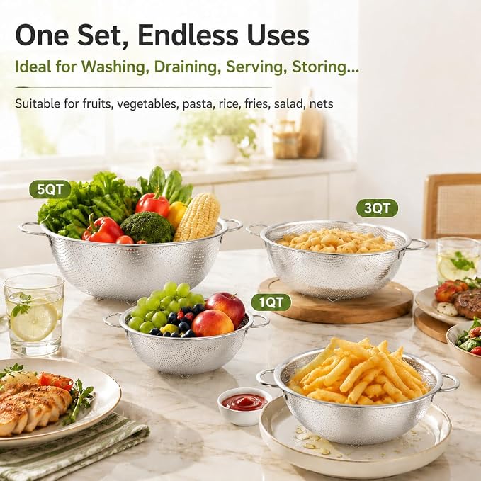 TeamFar Colander Set of 3, Stainless Steel Perforated Metal Colander Strainer with Handles for Spaghetti, Pasta, Berry, Rust Free & Dishwasher Safe - 1/3/5-quart