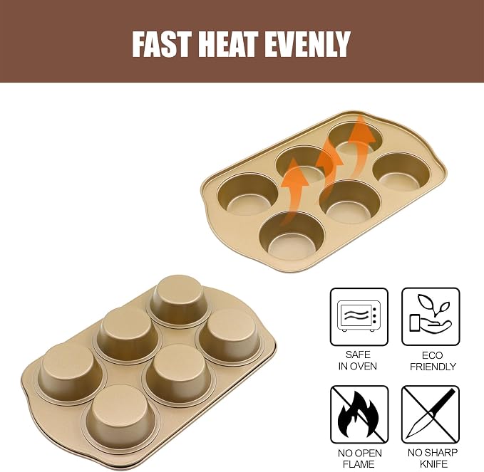 Jumbo Muffin Pan 2 Pack, Nonstick Large Cupcake Pan 6 Cup, Heavy Duty 0.5mm Thick Steel Big Muffin Tins for Baking, 3.5inch Dia, Gold