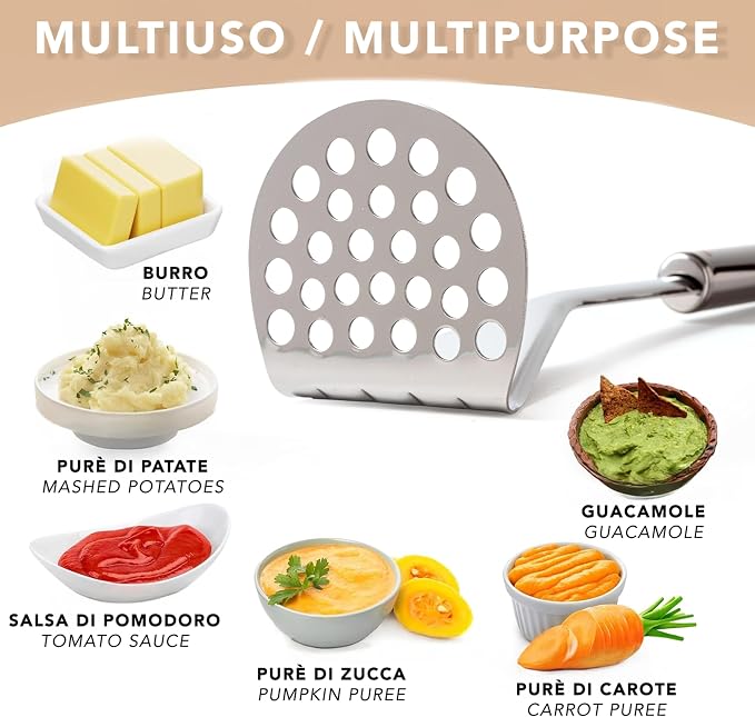 IPEA Professional Stainless Steel Potato Masher for Mashing Potatoes, Vegetables and Fruits - Slim Design - Ergonimic Handle - Manual Tool for Mashed Potatoes and Vegetable and Food Press