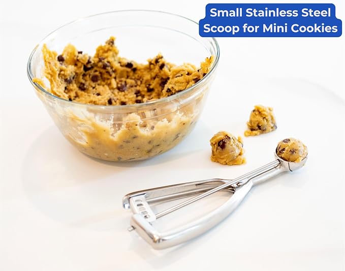 Jenaluca Small Cookie Scoop, 18/8 Stainless Steel, 2 Tsp, Size #100 | Disher for cookies, chocolate chip dough & melon balls. Squeeze-release handle. Right and left handed. Dishwasher safe.