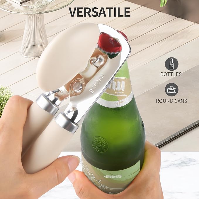 Safring Can Opener Manual, Heavy Duty Stainless Steel Smooth Edge Can Openers With Soft Touch Handle, Oversized Handheld Easy Turn Knob, Multi-Function Bottle Opener, Beige