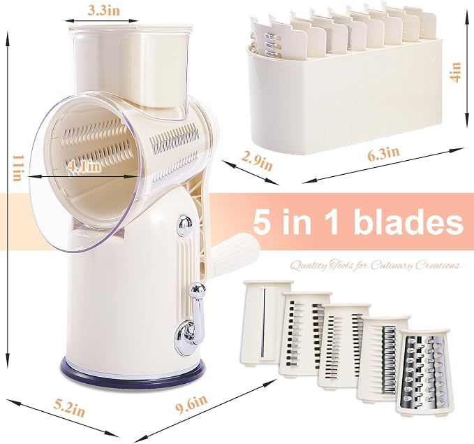 ENERGEVITY Manual Rotary Cheese Grater with Handle, 5 in 1 Replaceable Stainless Blades Cheese Shredder,Strong Suction Base Vegetable Slicer with Cleaning Brush & Bonus Storage Box for Blades (white)