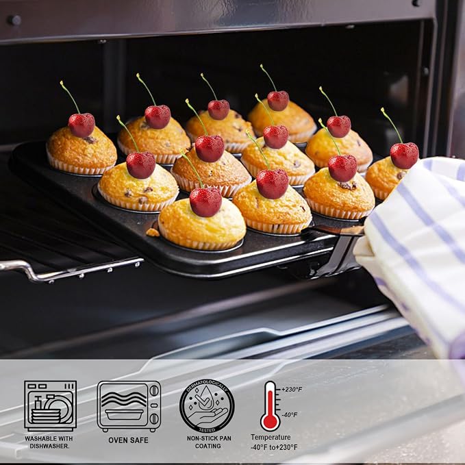 2 Pack Premium Nonstick Bakeware 12-Cup, Muffin Pan, Dishwasher Oven Safe (Black, Steel)