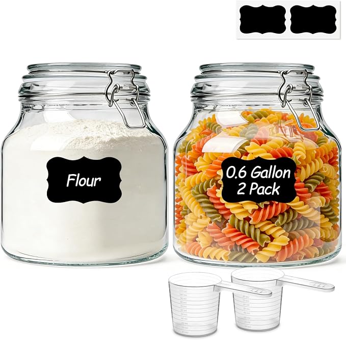 ComSaf Large Glass Pantry Jars with Airtight Lids 74 oz 2 Pack Wide Mouth | Flour sugar rice, Measuring cup, Labels included, Sourdough pickling, Large capacity, Cabinet organization, Dry goods