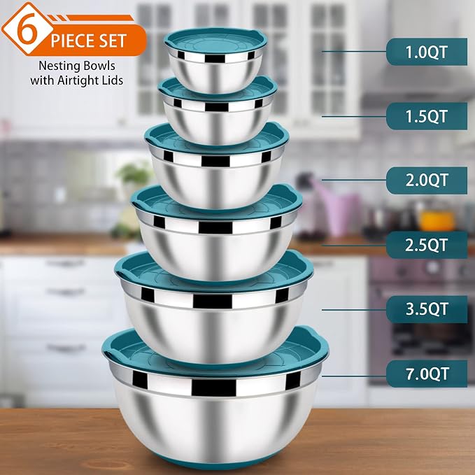 LIANYU Metal Nesting Mixing Bowls Set of 6, Size 7, 3.5, 2.5, 2, 1.5, 1QT | Large Stainless Steel Bowls for Cooking, Baking, Food Storage, Non-slip Bottom & Airtight Lids, Dark Blue