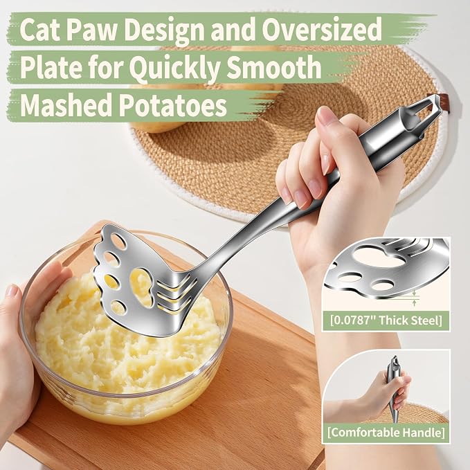 Heavy Duty Potato Masher Stainless Steel, ASWETMEL Cat Paw Shape Mashed Potato Masher Kitchen Tool, Solid Integrated Potatoes Smasher for Beans, Avocados, Squash, Dishwasher Safe