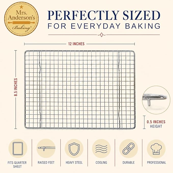 Mrs. Anderson's Baking Professional Cooling Rack, Heavy Duty Steel, Fits Quarter-Size Sheet Pans, 12 x 8.5 x 0.5-Inches