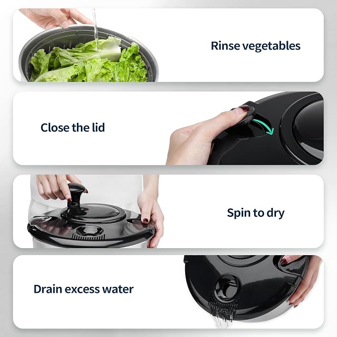 Stainless Steel Salad Spinner, 4.8 Qt Vegetable Washer, BPA-Free Lettuce Dryer with Crank Design, Dishwasher Safe, Non-Slip Base - Black Lid