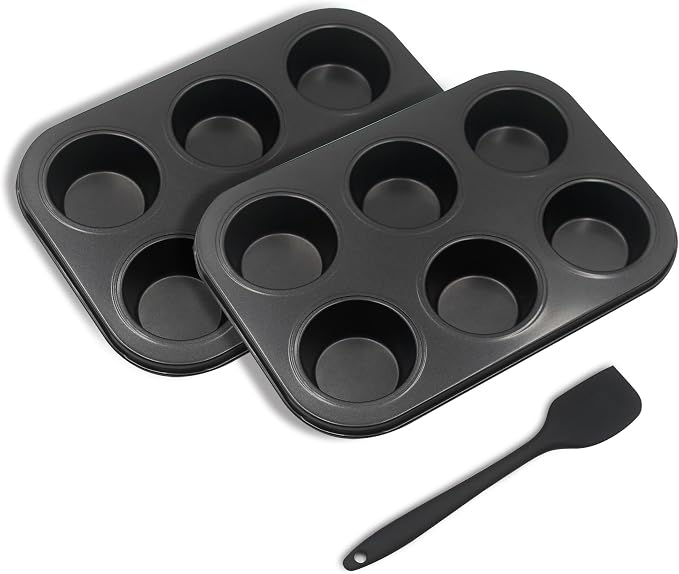 Non-Stick Muffin Pans, 6-Cup Standard Baking Pans Set of 2 with a Scraper for Perfect Muffins & Cupcakes
