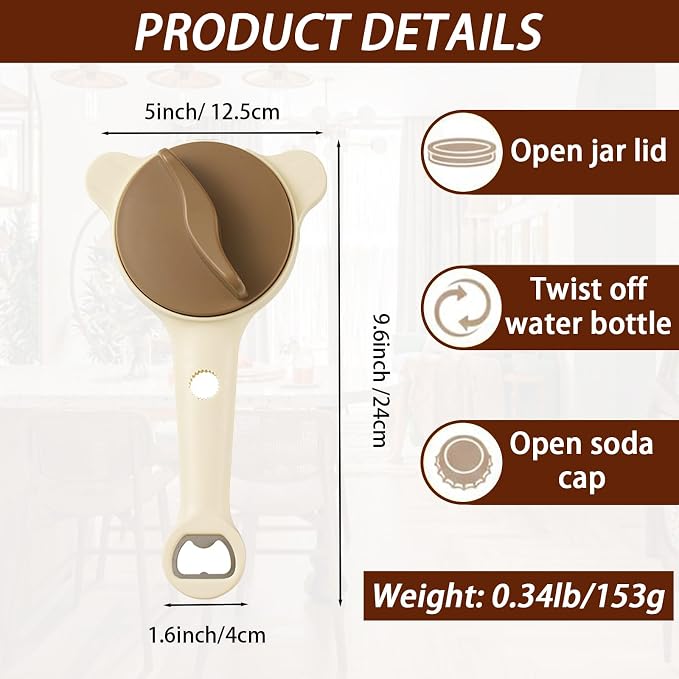 Jar Opener Bottle Opener and Can Opener for Weak hands, 4 in 1 Multi Function Bottle Opener Lid Opener For Arthritic Hands, Fits Kitchen Jars, Bottles & Beer Caps (Beige)