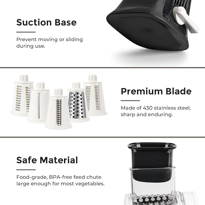 X Home 5-in-1 Rotary Cheese Grater for Kitchen, Upgraded Hand Crank Shredder with Stronger Suction Base & Multifunctional Drum Blades, for Cheese, Vegetables and Nuts, Easy to Use and Clean, Black