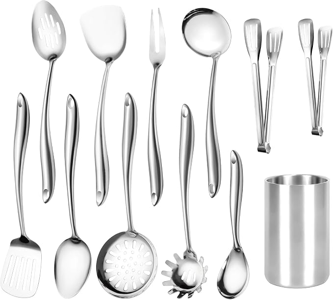 304 Stainless Steel Cooking Utensils Set for Kitchen Utensils Set with Holder, 12 PCS Large Metal Cooking Utensil Tools Set with Holder,Fork,Spatulas,Spoons,Skimmer,Ladle,Tong