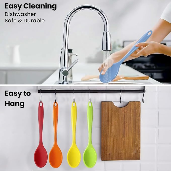 GEEKHOM Silicone Cooking Spoons, 4 Pieces 11" Heat Resistant Silicone Kitchen Utensils Set Large Serving Stirring Spoons for Non Stick Cooking, Mixing, Basting, Baking, Red+Green+Yellow+Orange