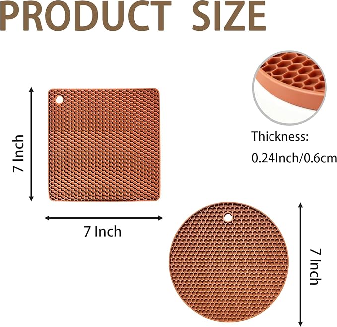 6-Pack Silicone Trivet Mats, Heat Resistant Hot Pads, Dishwasher Safe Kitchen Mats, BPA-Free Pot Holders for Table, Countertop, Stove, Honeycomb Design (Brown, 7” Square/Round)