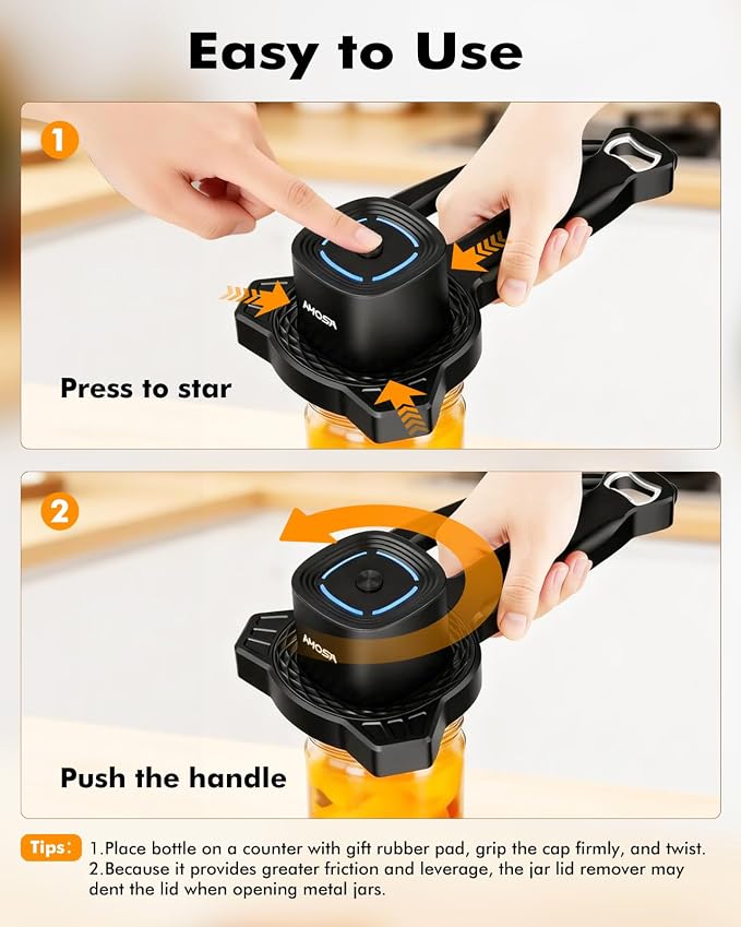 AMOSA Electric Jar Opener with Gripper Pad, Auto-Tighten & Manual Twist | 2-in-1 Rechargeable Jar Lid Opener & Bottle Opener for Seniors, Arthritis Sufferers, Weak Hands