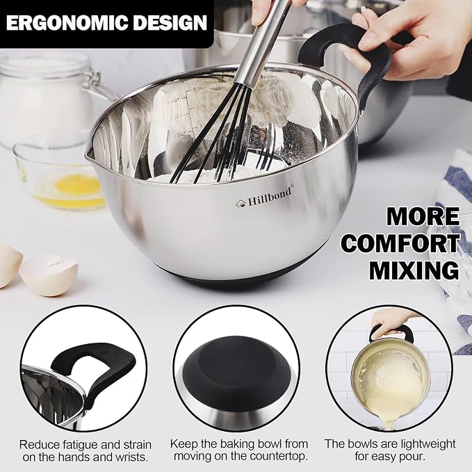 Hillbond Stainless Steel Bowls with Lids Set Mixing Bowls with Pour Spout, Silicone Handle and Non-Slip Bottoms for Baking, Metal Bowls Mixing Dishwasher Safe, Set of 3, Mother’s Day Gift (Black)