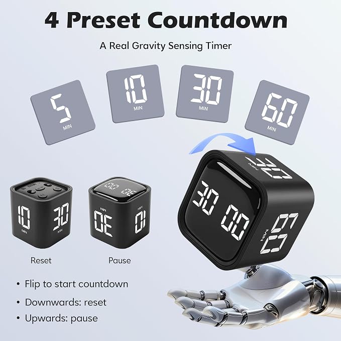 Pomodoro Timer Cube, Productivity Visual Timer Flip, 5/10/30/60 Min Preset Custom Countdown, ADHD Tool Rotating Countdown Stopwatch, Vibrate/High/Low Volume, for Study, Work, Game, Kitchen-Black