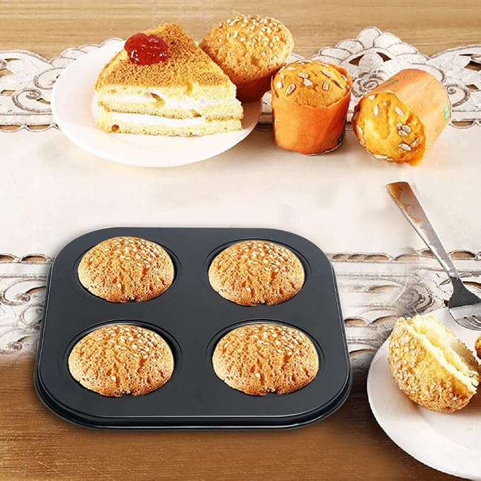 4 Cup Muffin Pan for Oven Baking, Carbon Steel Cupcake Baking Pan Nonstick Round Mini Muffin Tin Pie Pans Cake Mold for Making Muffins Cupcakes Frittatas Tarts Pudding(Black 1 pc)