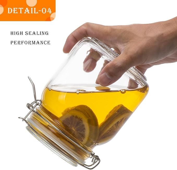 34oz Square Glass Food Storage Jars with Airtight Clamp Lids 3 Pack | Small Kitchen Canisters for Flour, Cereal, Coffee, Pasta, Pickling and Canning, Mason Jar Wide Mouth