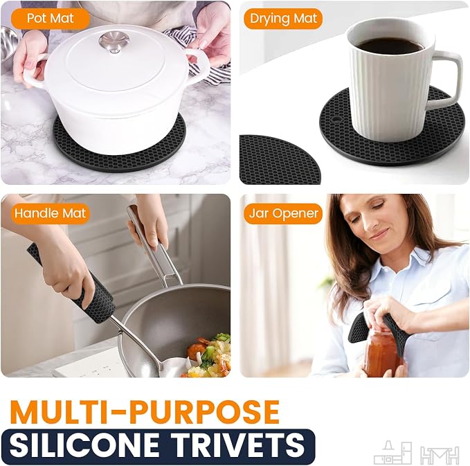 Silicone Trivet Mats 4 Heat Resistant Pot Holders Multipurpose Non-Slip Hot Pads for Kitchen Potholders, Drying mat, Jar Opener, Spoon Holder, Coaster(Black)