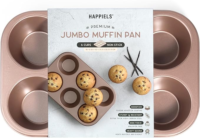 6 Cup Jumbo Muffin Pan Nonstick, PFOA & BPA Free | | Non-Toxic - High Carbon Steel - Gold - Large Cupcake Tin for Oven Baking