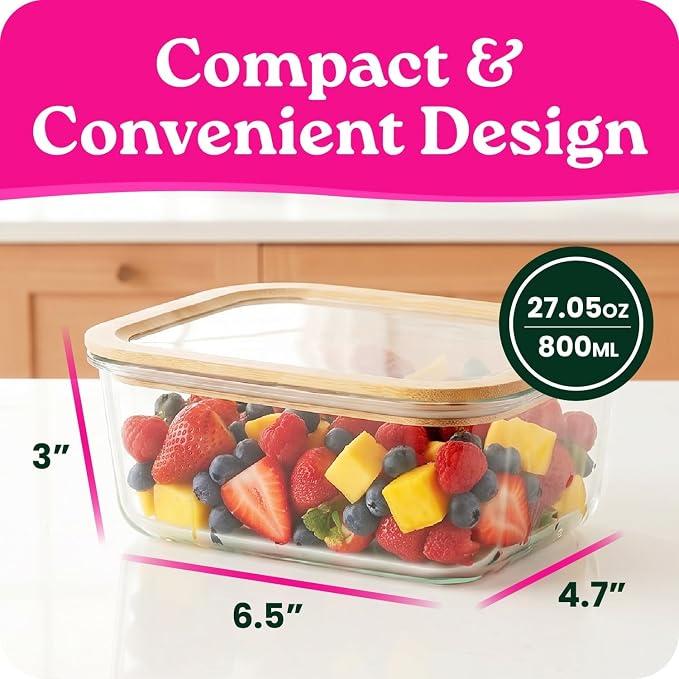 6-Pack Glass Food Storage Containers with Glass Lids & Bamboo Rim – Plastic Free 27 Oz Glass Meal Prep Containers for Lunch, Eco Friendly Airtight Food Storage, Microwave & Oven Safe