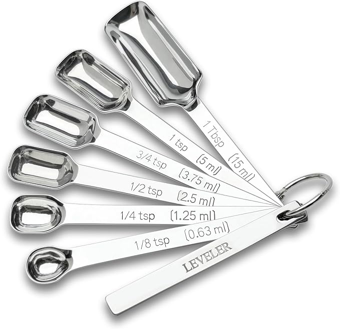 Stainless Steel Measuring Spoons Set of 7 with Leveler, Long Handle Rectangular Metal Teaspoon Tablespoon for Measuring Kitchen Spice, Dry & Liquid Ingredients