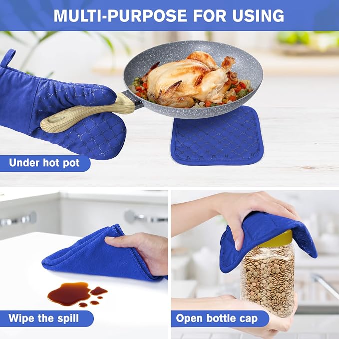 6 Pcs Oven Mitts and Pot Holders, 500℉ Heat Resistant Oven Mitts with Kitchen Towels Soft Cotton Lining and Non-Slip Silicone Surface Safe for Baking, Cooking, BBQ (Blue)