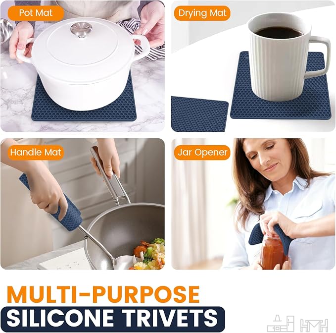 Silicone Trivet Mats 4 Heat Resistant Pot Holders Multipurpose Non-Slip Hot Pads for Kitchen Potholders, Drying mat, Jar Opener, Spoon Holder, Coaster.(Blue)