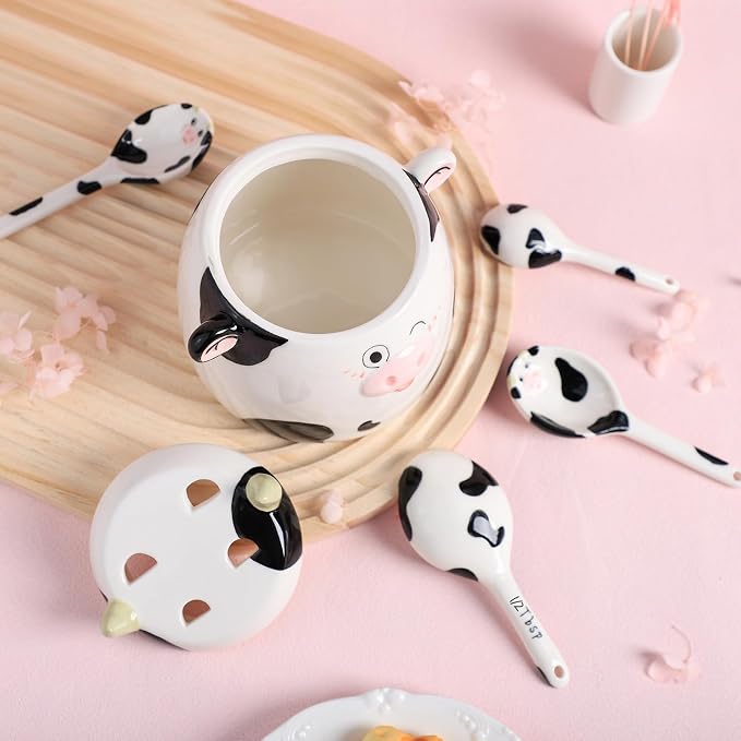 Ceramic Cow Pattern Measuring Spoons Set for Dry or Liquid with Measuring Cup Set, 4 PCS Kitchen Measuring Baking Spoons Cooking Measuring Spoons for Kitchen Baking Tool Utensil Set