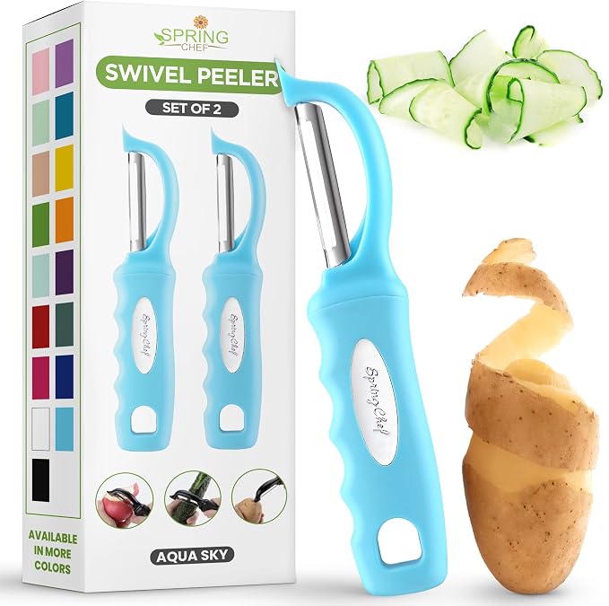 Spring Chef Premium Stainless Steel Vegetable Peeler for Kitchen, Dishwasher Safe Potato Peelers with Non-Slip Handle, Peel Apple, Fruit, Veggie, Carrot, Mango - Set of 2 - Aqua Sky